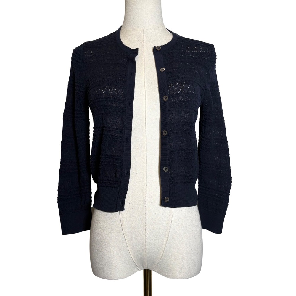 Brooks Brothers Navy Blue Pointelle Open Knit Cotton Cardigan XS Preppy